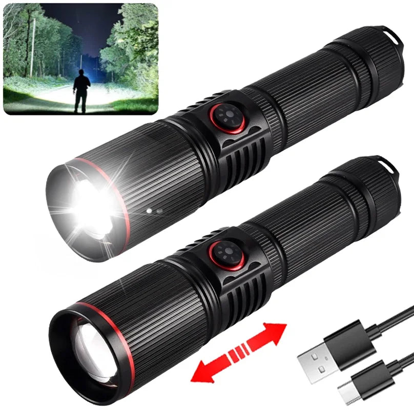 Aluminum Alloy White Laser Powerful LEP Flashlight 18650 or 21700 Battery Zoom Torch Light Lamp with Tail Rope Power Indicator