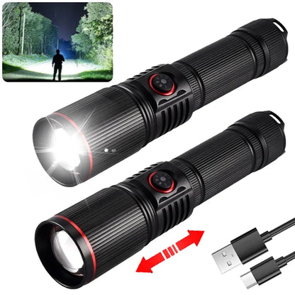 Aluminum Alloy White Laser Powerful LEP Flashlight 18650 or 21700 Battery Zoom Torch Light Lamp with Tail Rope Power Indicator