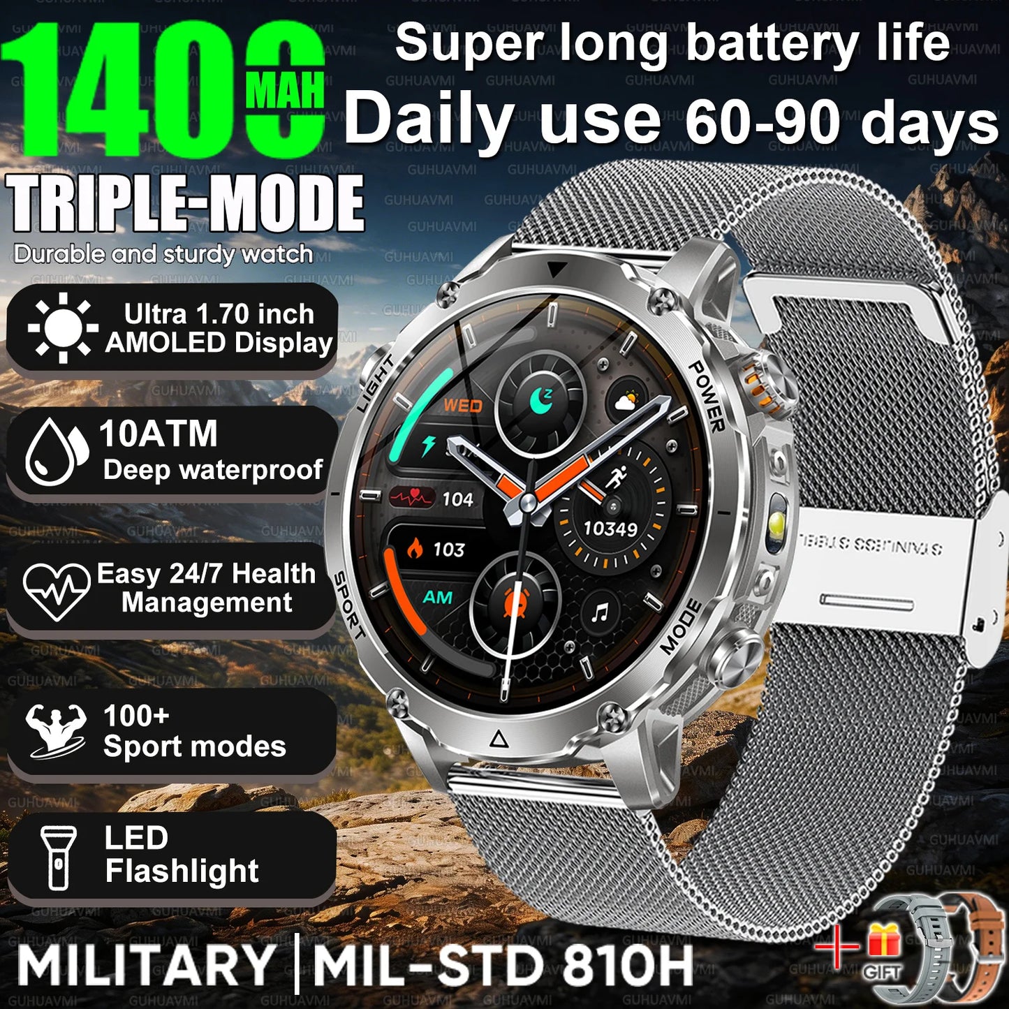 2026 Nowy Wojskowy CZOŁG Smartwatch Połączenia Bluetooth Wodoodporność 10ATM Bateria 1400mAh Monitorowanie Tętna Zegarek Sportowy Outdoor Męski