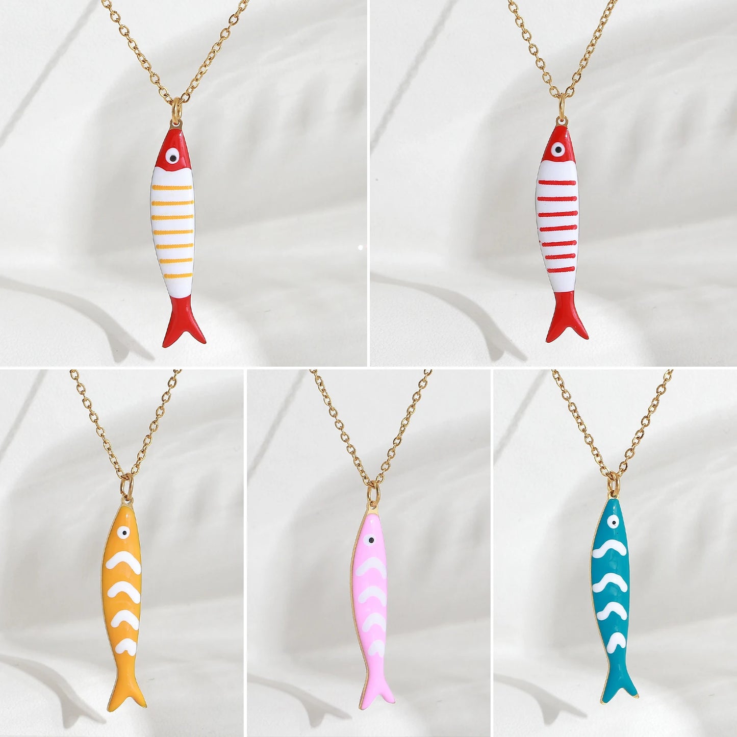 Cute Colorful Enamel Fish Pendant Necklaces For Women Girls Lovely Stainless Steel Gold Color Summer Waterproof Beach Jewelry