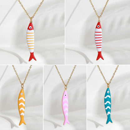 Cute Colorful Enamel Fish Pendant Necklaces For Women Girls Lovely Stainless Steel Gold Color Summer Waterproof Beach Jewelry