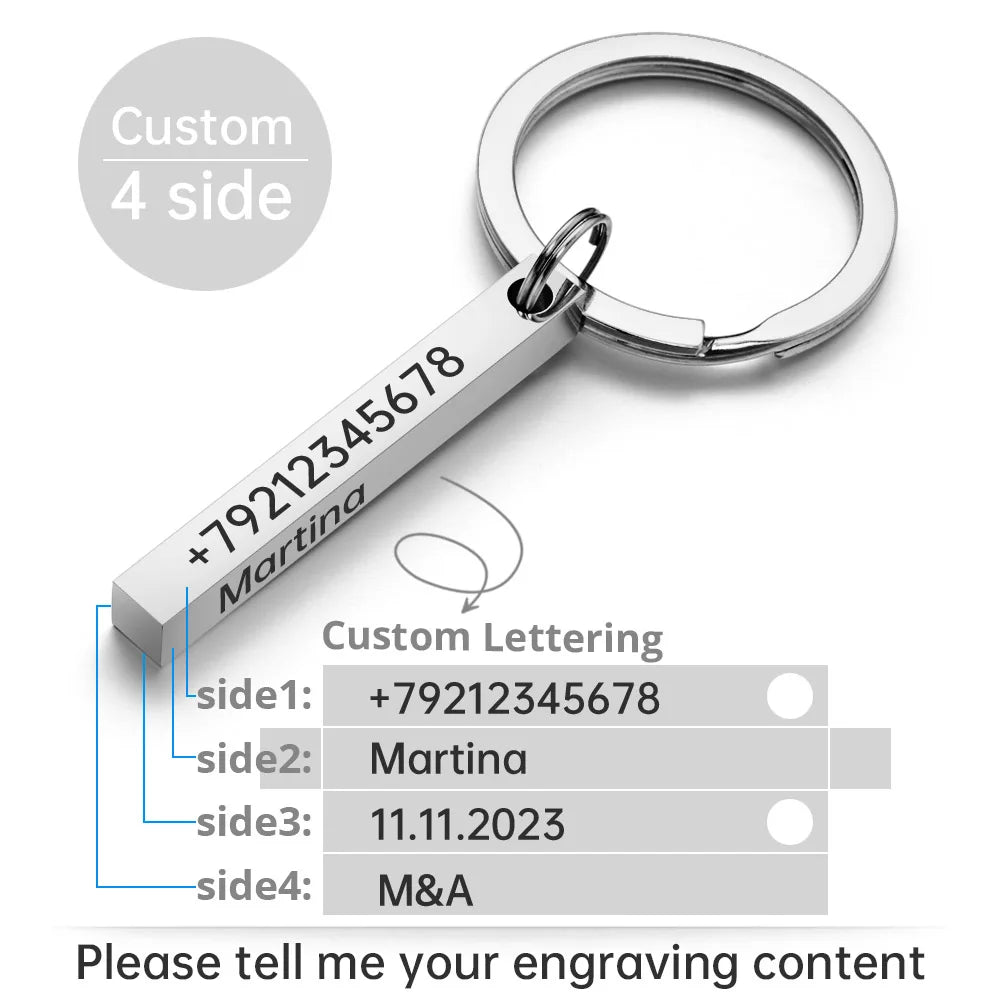 Personalize Keychains 3D Bar Stainless Steel Keyrings 4 Sides Engrave Text Name Date Logo Custom Key Chains Rings Love Gift P039
