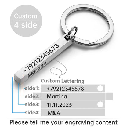 Personalize Keychains 3D Bar Stainless Steel Keyrings 4 Sides Engrave Text Name Date Logo Custom Key Chains Rings Love Gift P039