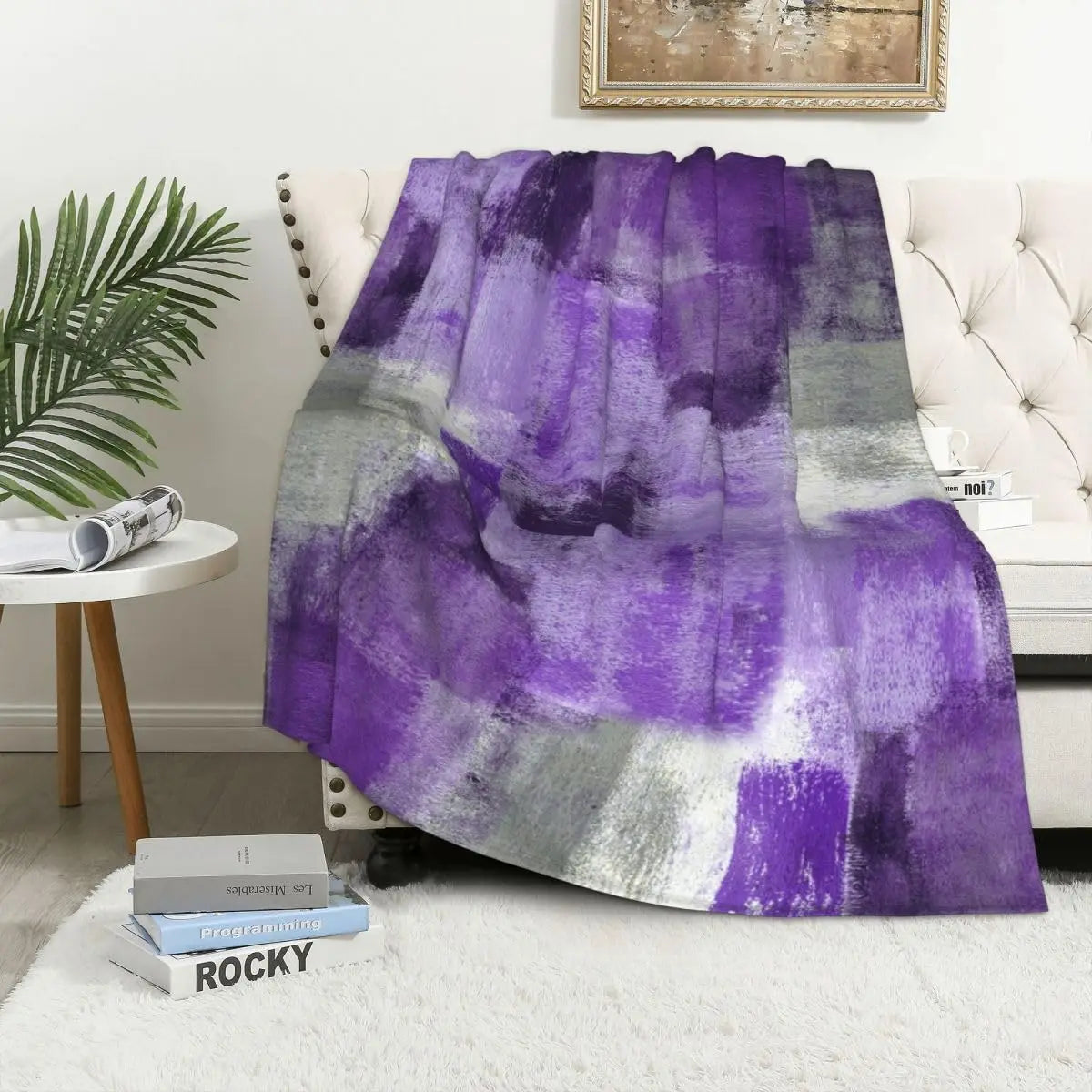 Colorful Cute Cartoon Furry Monster Repeating Print White Base Flannel Throw Blanket,Soft Warm Sofa Cover,Kids Bedroom Rest Gift