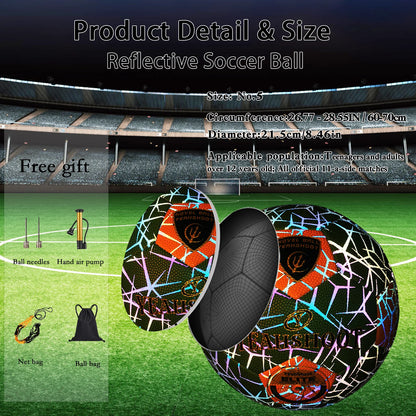 Luminous Reflective Soccer Ball Size 5 - Holographic Football, Cool Long-Lasting Glow, Durable Synthetic Leathe