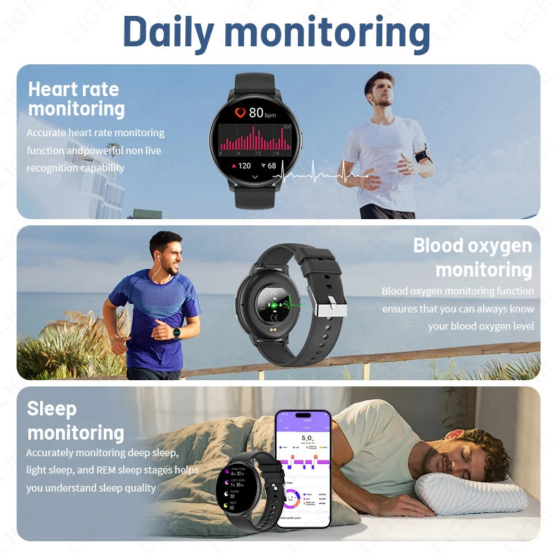 LIGE New Smart Watch Men Bluetooth Call Heart Rate Blood Oxygen Monitoring IP67 Waterproof Sports Men Smartwatch for Android ios