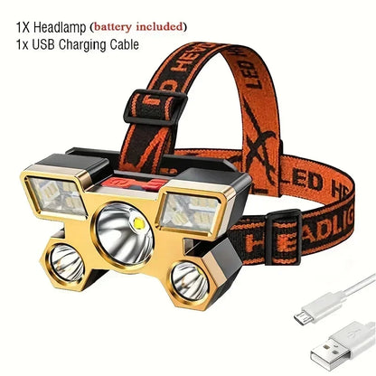 5*LED High Power Headlamp, Super Bright Rechargeable Fishing Camping Light, Long Distance Head Mounted Mining Lamp, Flashlight