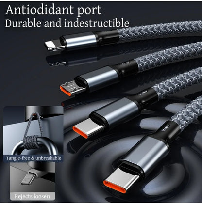 4-in-1 Multifunctional Charging Cable Supports USB-A to USB-C, Micro USB, and Braided Cables for Charging Multiple Devices