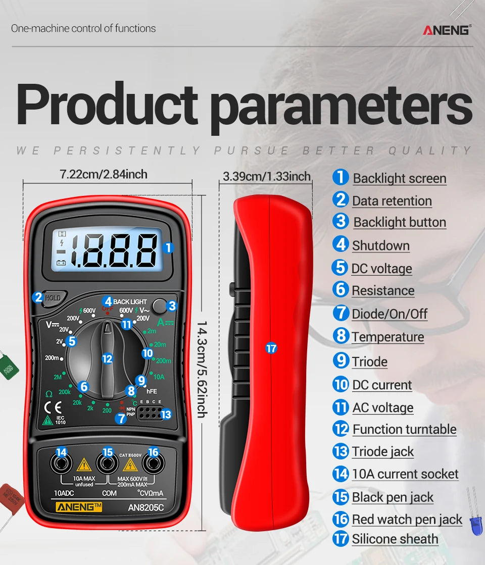 Digital Multimeter Professional ANENG AN8205C AC/DC Voltage Meter DC Current Resistance Diode -40℃~1000℃ LCD Backlight Tester
