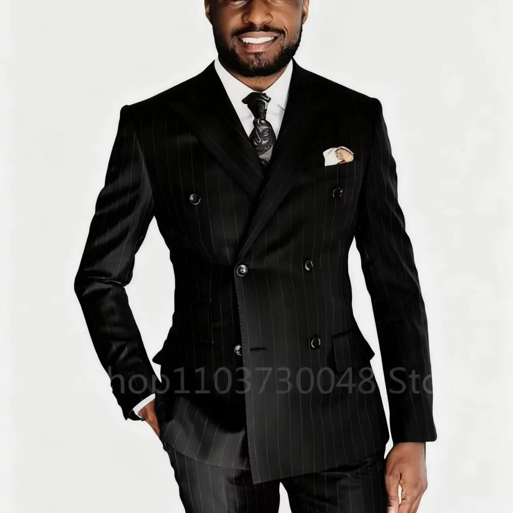 Black Striped 2 Piece Men Suits Wedding Groom Tuxedos Formal Business Suits Peak Lapel Double Breasted Blazer Set(Jacket+Pants)