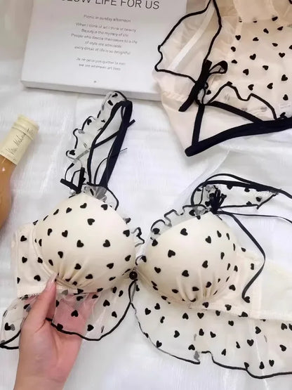BANERDANNI Simple Light Luxury Love Printed Lace Underwear Set Women's Small Breasts Gather Sexy Pure Desire Sweet Bra Cute Bra