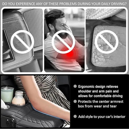 Car Center Console Organizer Non - Slip Leather Armrest Cushion with Side Pocket Tissue Box Cup Holder Black