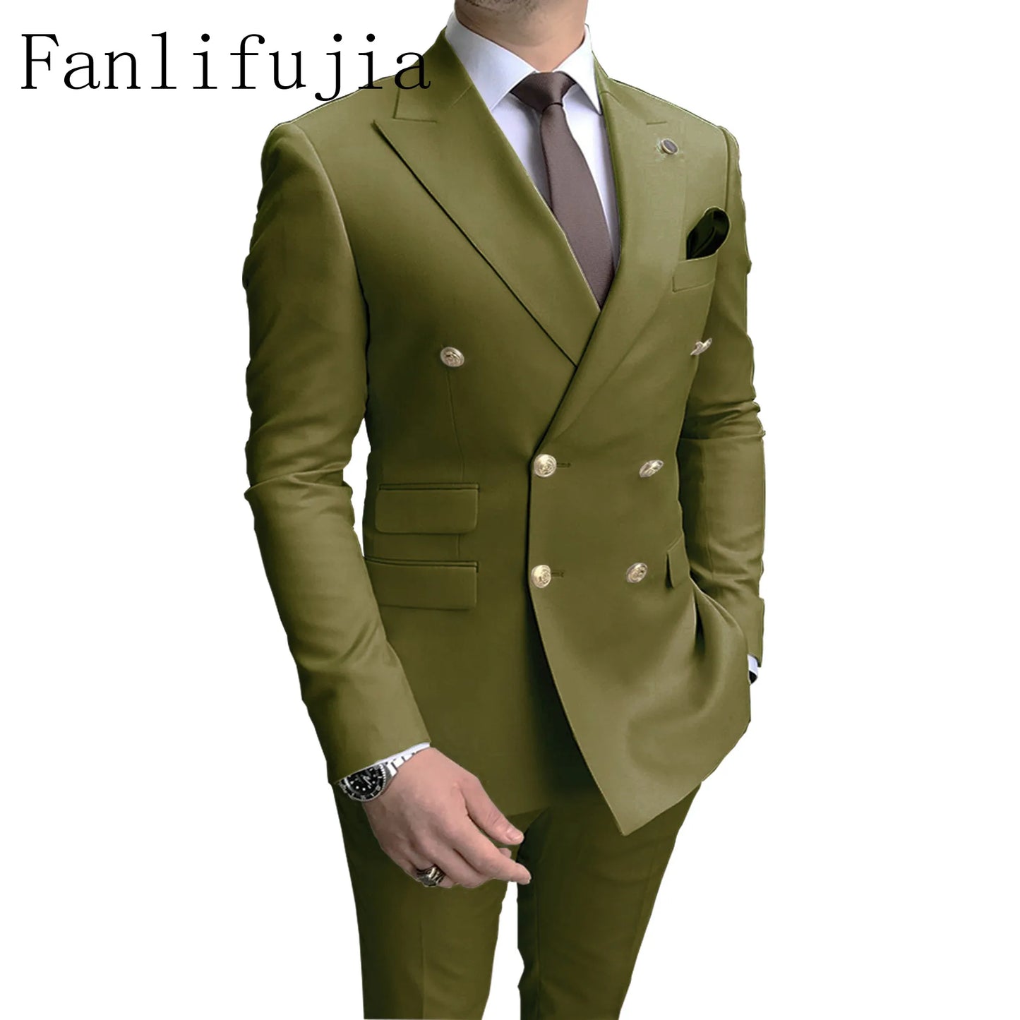 Fanlifujia Double Breasted Men Suit Pink Two Pieces Slim Fit 2024 Italian Wedding Costume Party Prom Gold Button Male Suit