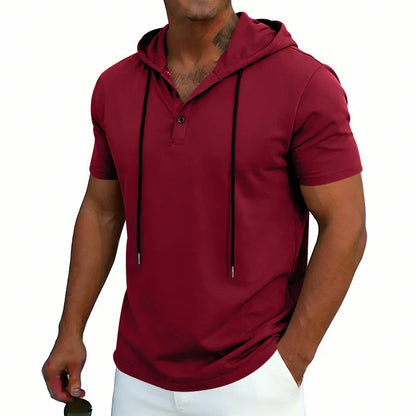 Summer Men's Short Sleeve Hooded T-Shirt Henry Neckline Drawstring Design Casual Loose Breathable Sporty Vest