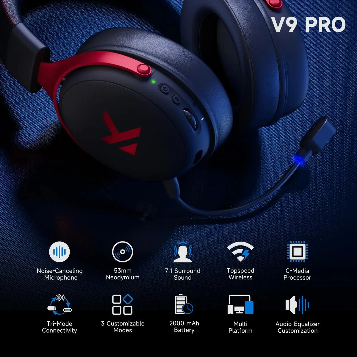 MCHOSE V9 Pro Electronic Sports Headset Three Mode Game USB Wireless 7.1 Channel Surround Sound Portable Headset with Microphone