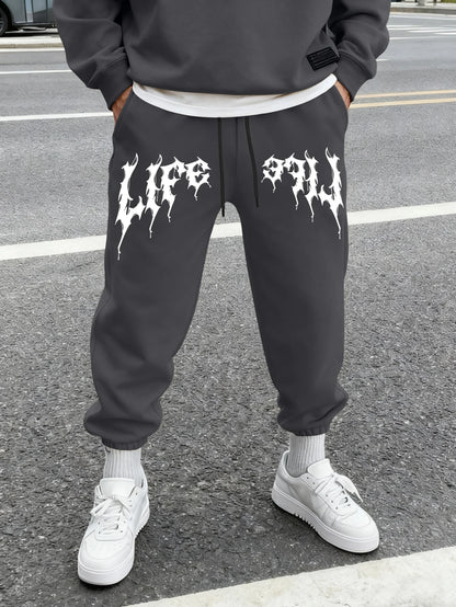 Men's Aesthetic Dark Gothic Letter Art Print Sweatpants Elastic Waist Joggers Cozy Goth Daily Street Fashion Bottoms