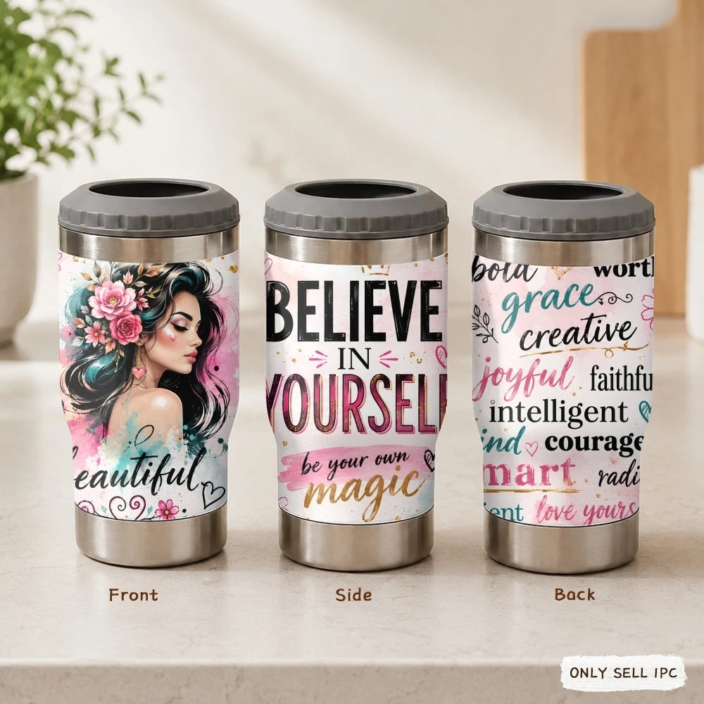 COOL Woman Motivational Vacuum Flasks 4-in-1 Stainless Steel Can Cooler Insulated Beer Soda Coffee Holder Dual Lids Fits 12oz