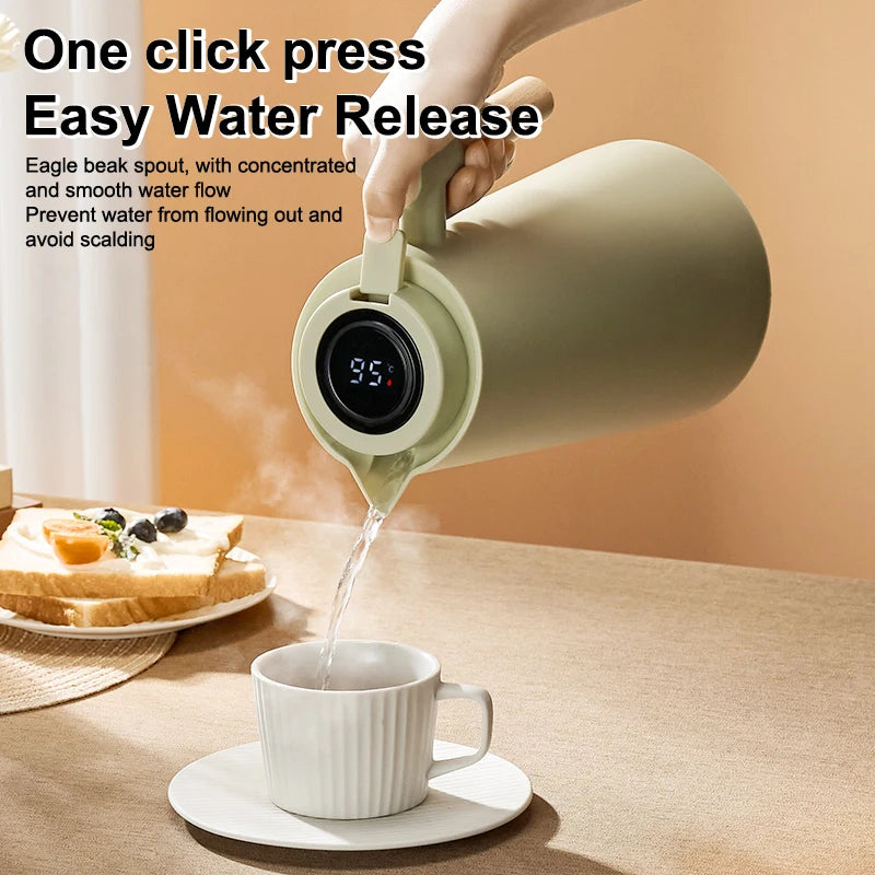 1Pc 1000ML Thermos Bottle Nordic Thermos For Hot Water Intelligent Water Heater Kettle Jug Bottle Vacuum Flask Wooden Handle