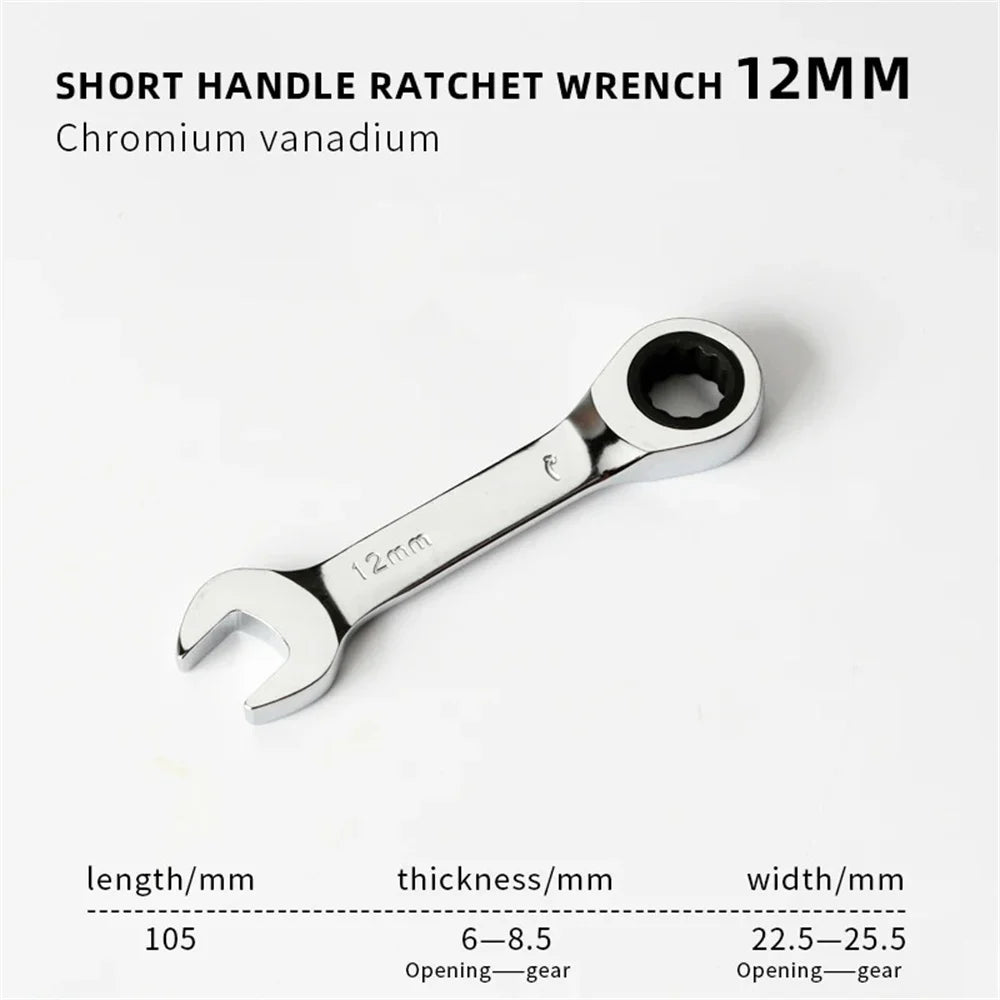 1Set 6mm-19mm Reversible Combination Stubby Single Wrench Stubby Combination 72 Tooth Ratchet Socket Spanner Nut Repair Tools