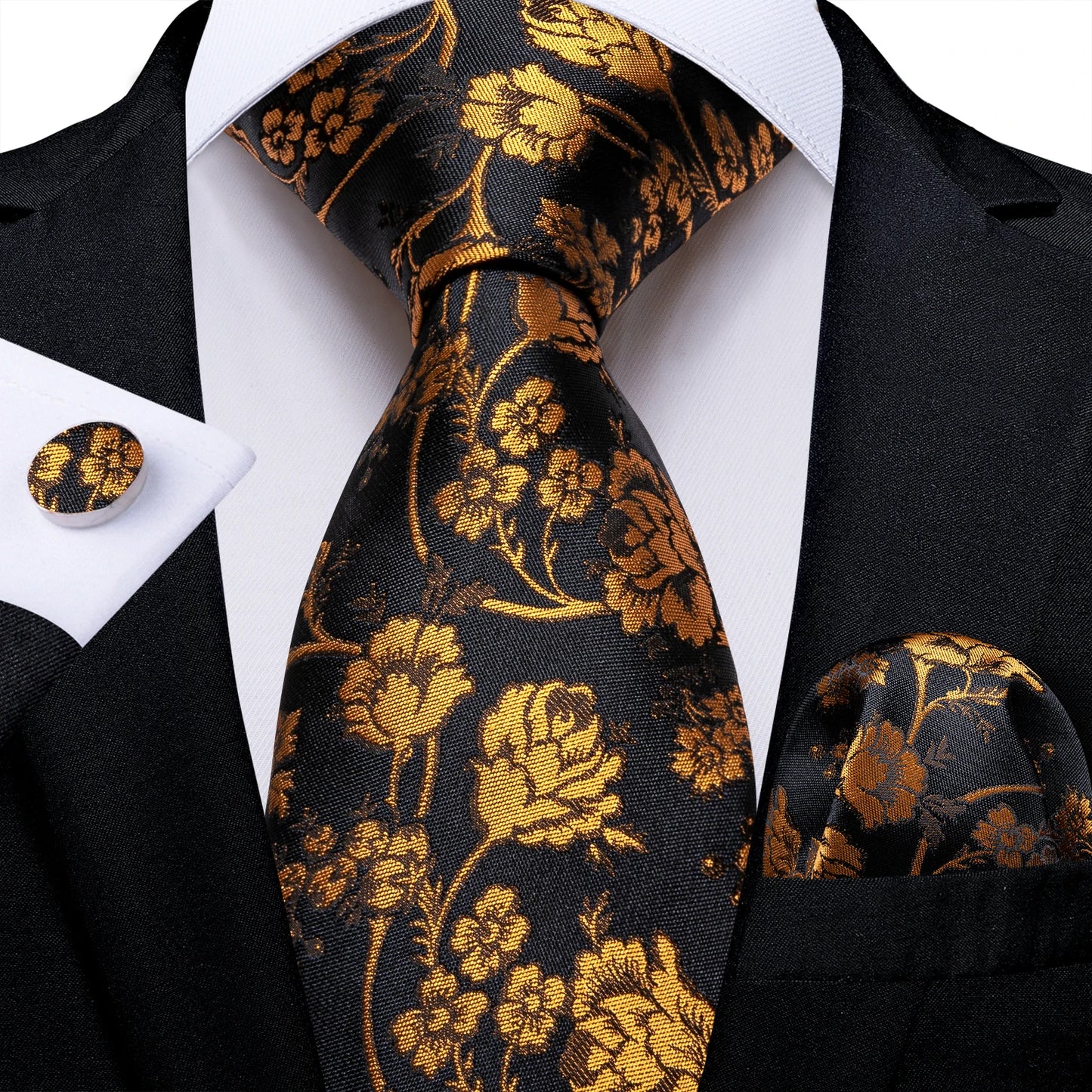 Luxury Black Gold Paisley Striped Floral Silk Men's Tie Set Handkerchief Cufflinks Wedding Party Accessories Groom Gift for Men