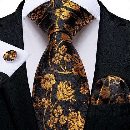 Luxury Black Gold Paisley Striped Floral Silk Men's Tie Set Handkerchief Cufflinks Wedding Party Accessories Groom Gift for Men