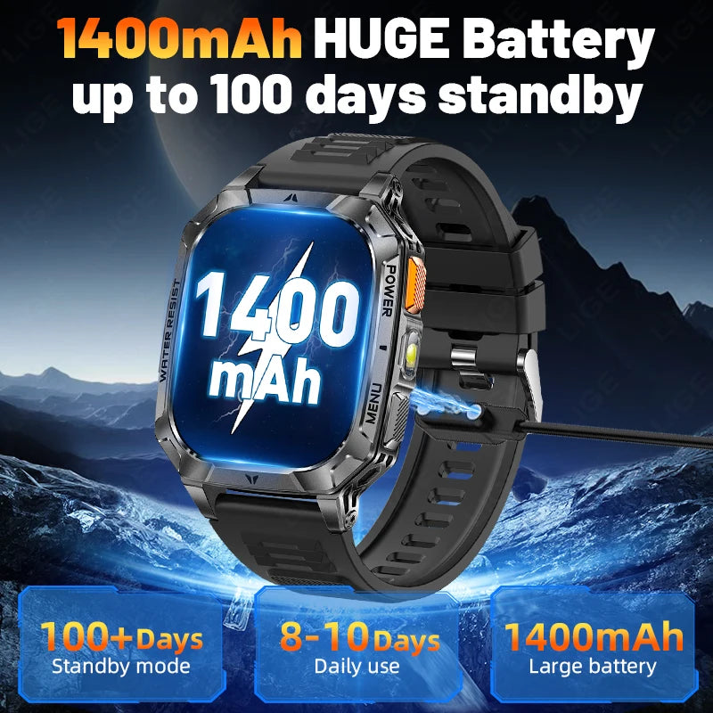 LIGE 2026 Military Grade 1400mAh Battery Smart Watch Men 2.01" HD Screen IP68 Waterproof Sport Fitness Bluetooth Call Smartwatch