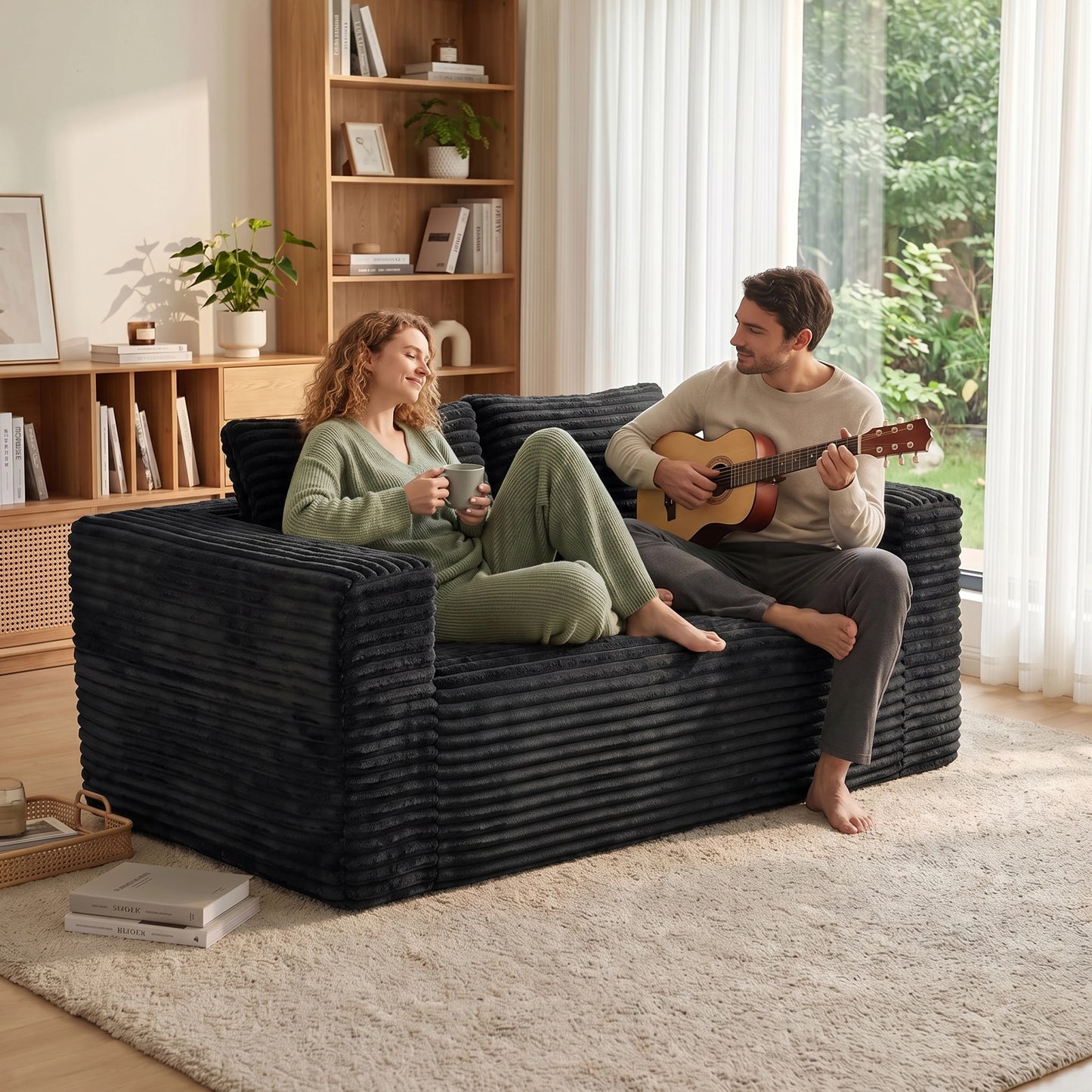 Boneless Deep Seat Loveseat No Assembly Needed Foam Base Sofa Soft Corduroy Fabric Apartment Bedroom Office Modern Living Room