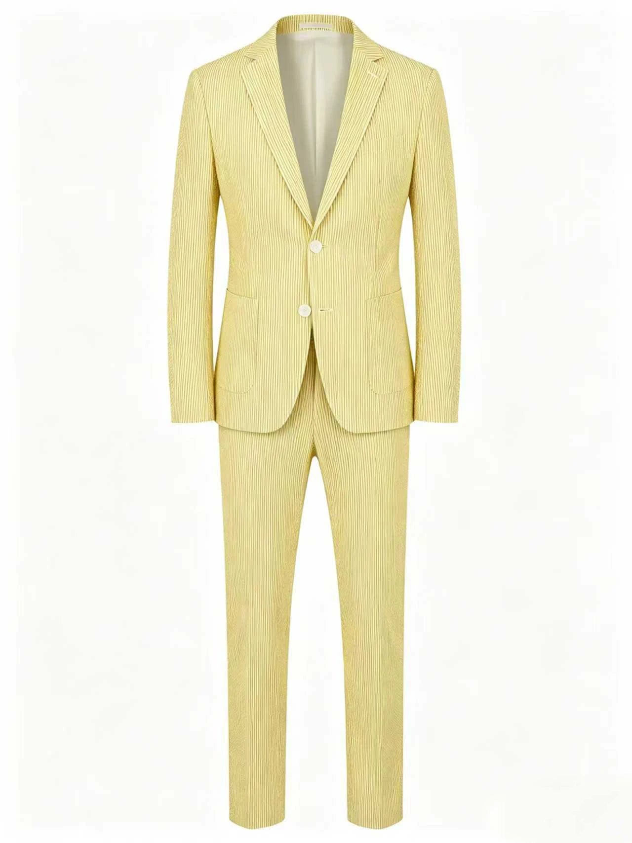 Men Summer Striped Seersucker 2 Piece Suit Wrinkle Free Light Blazer Trousers All Match Gentleman Daily Outfit