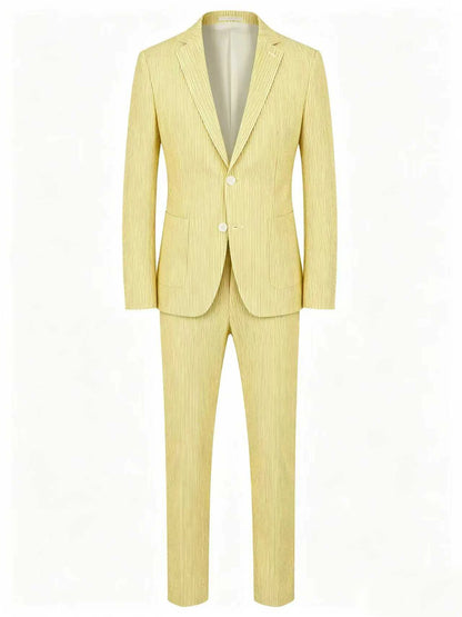 Men Summer Striped Seersucker 2 Piece Suit Wrinkle Free Light Blazer Trousers All Match Gentleman Daily Outfit