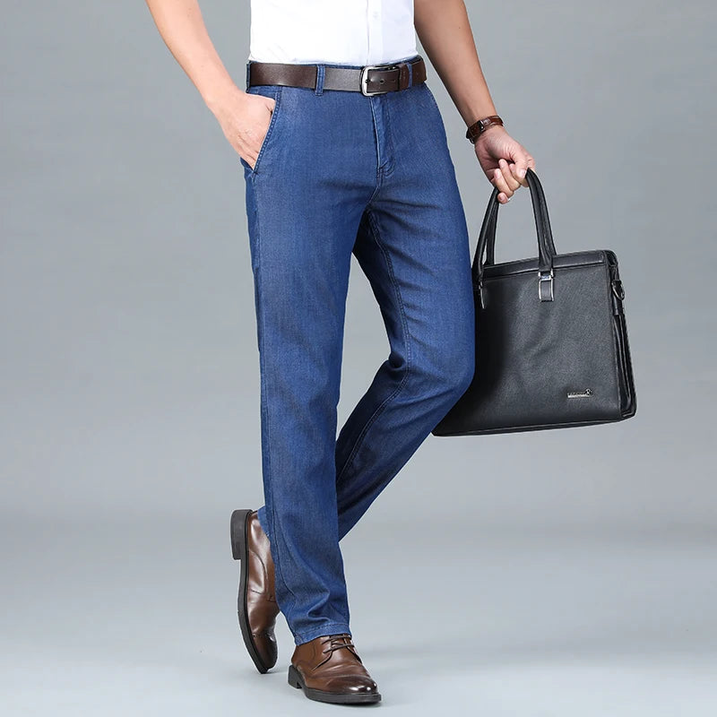 2026 Summer Branded Cloth Men's Business Casual Office Lightweight Lyocell Jeans Medium-high Waist Straight Loose Thin Trousers