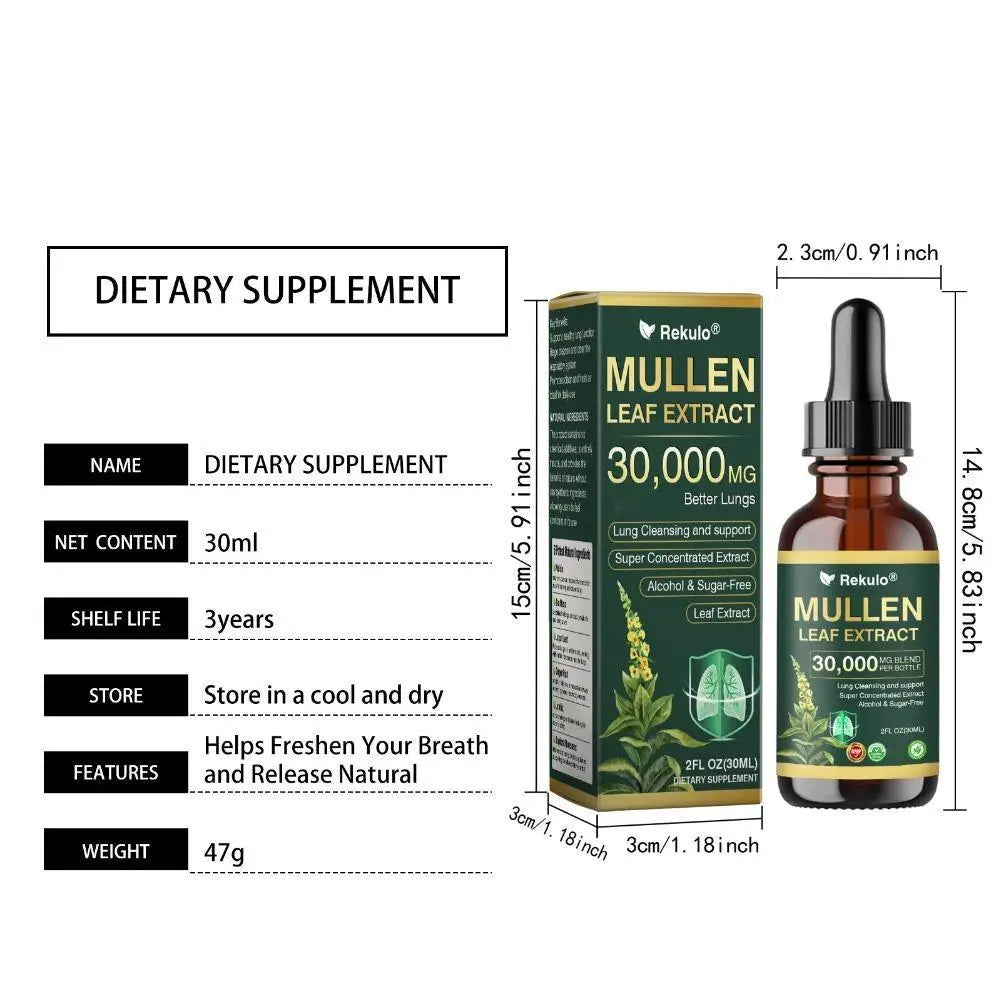 30000mg Mullein Leaf Herbal Drops, Lung Detox Cleansing Formula, Fast Absorption Natural Respiratory Health Maintenance