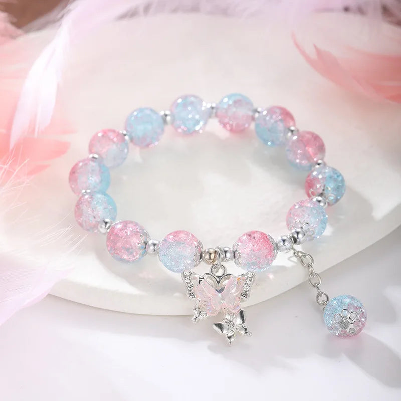 Bohemian Sweet Butterfly Beaded Bracelet for Women Girls Pink Color Imitation Jade Crystal Hand Jewelry Birthday Party Gifts