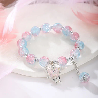 Bohemian Sweet Butterfly Beaded Bracelet for Women Girls Pink Color Imitation Jade Crystal Hand Jewelry Birthday Party Gifts