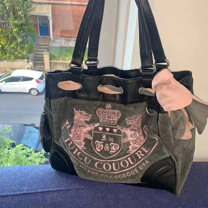 Y2K Ladies Large-Capacity Tote Bag Women Embroidery Velvet Vintage Retro Chic Handbags Girl Shopping Shoulder Bag Women's Purses
