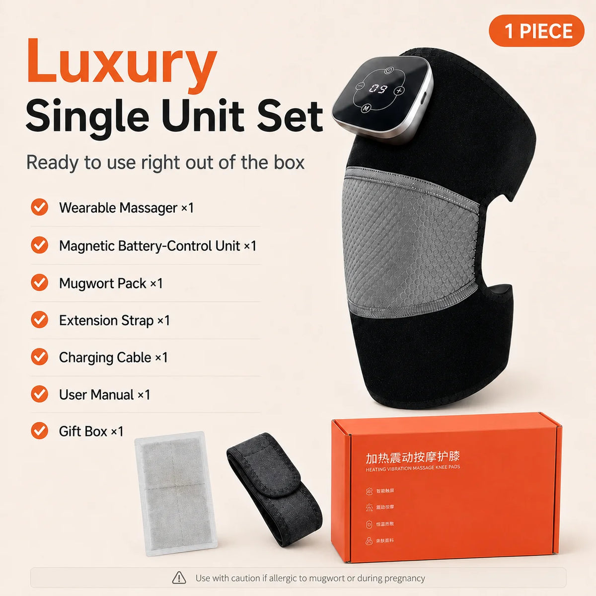 Cordless Heated Knee Massager, 5 Heat Levels 3 Vibration Levels, Magnetic Controller, Mugwort Wrap for Knee Shoulder Elbow Brace