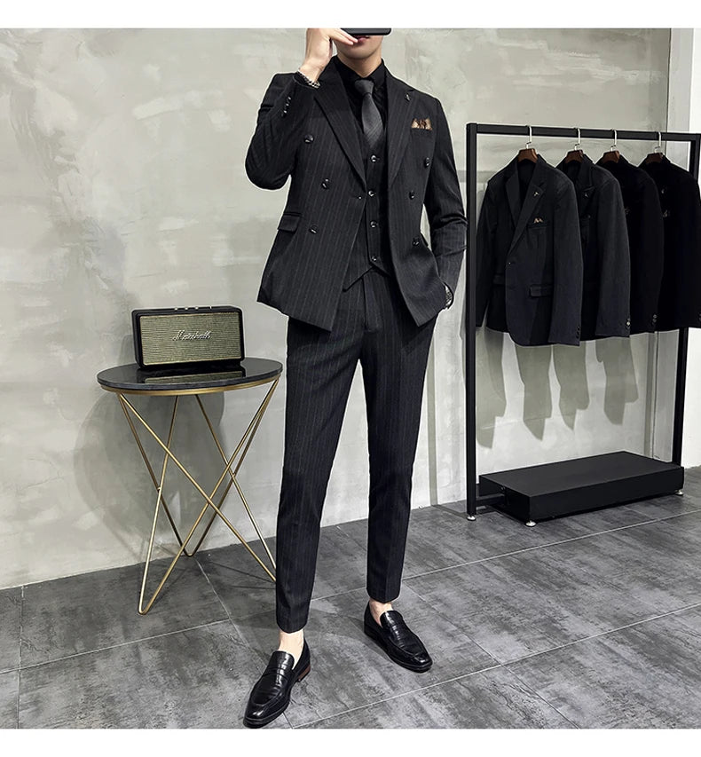 Slim Fit Double-breasted Striped Suit Vest Trousers 3-Piece Set Korean Fashion M-7XL Men's Fashionable Striped Three-piece Suit