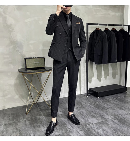 Slim Fit Double-breasted Striped Suit Vest Trousers 3-Piece Set Korean Fashion M-7XL Men's Fashionable Striped Three-piece Suit