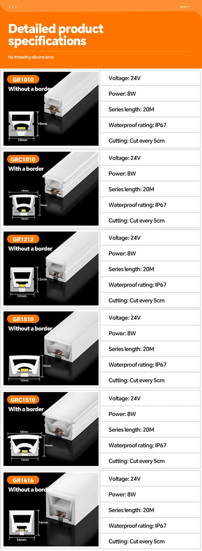 LED flexible silicone light strip embedded 24V waterproof tubing linear lamp concealed installation flexible soft light strip