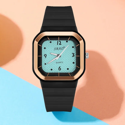 Trendy Square Dial Women Watch Teal Silicone Strap Rose Gold Bezel Analog Quartz Wristwatch Casual Waterproof Sport Wrist Clock