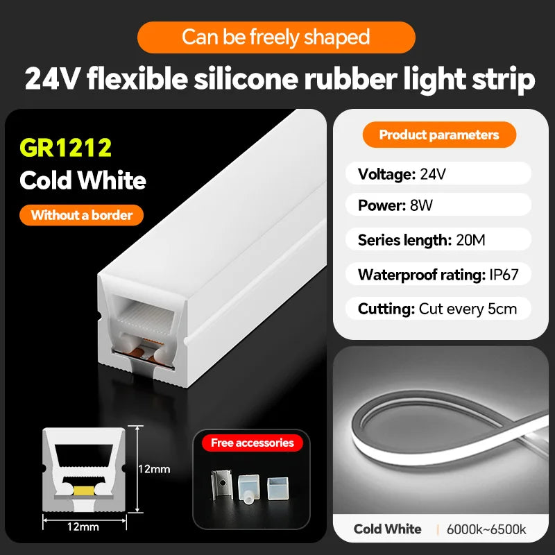 LED flexible silicone light strip embedded 24V waterproof tubing linear lamp concealed installation flexible soft light strip