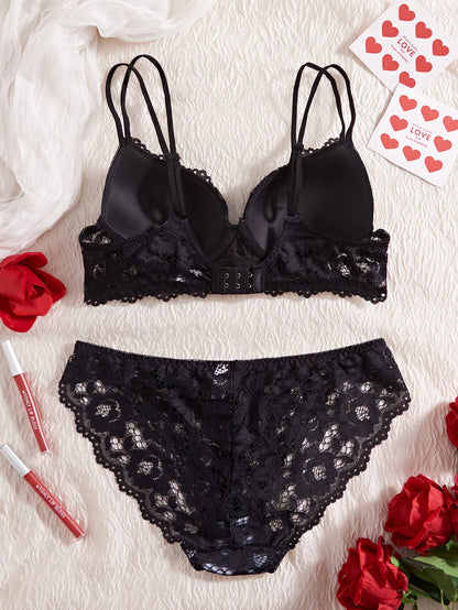 6-Piece Set Women's Underwear Set Sexy Patterned Lace Patchwork No Lining Comfortable Fitting Women's Push-Up Bra Sexy Lingerie