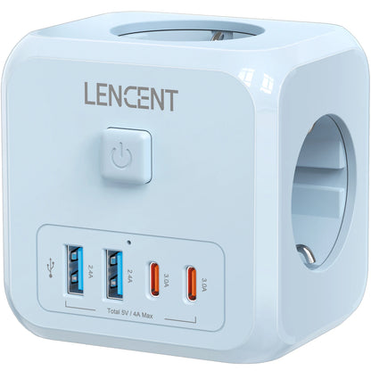 LENCENT EU Plug Power Strip with  3 AC Outlets +3 USB Charging Ports+ 1 Type C 5V 2.4A  Adapter 7-in-1 Plug Socket On/Off Switch