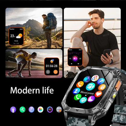 New Rugged Military Smart Watch Men 1400 mAh battery 2.01inch Bluetooth Call Health monitoring device LED flashlight Smart watch