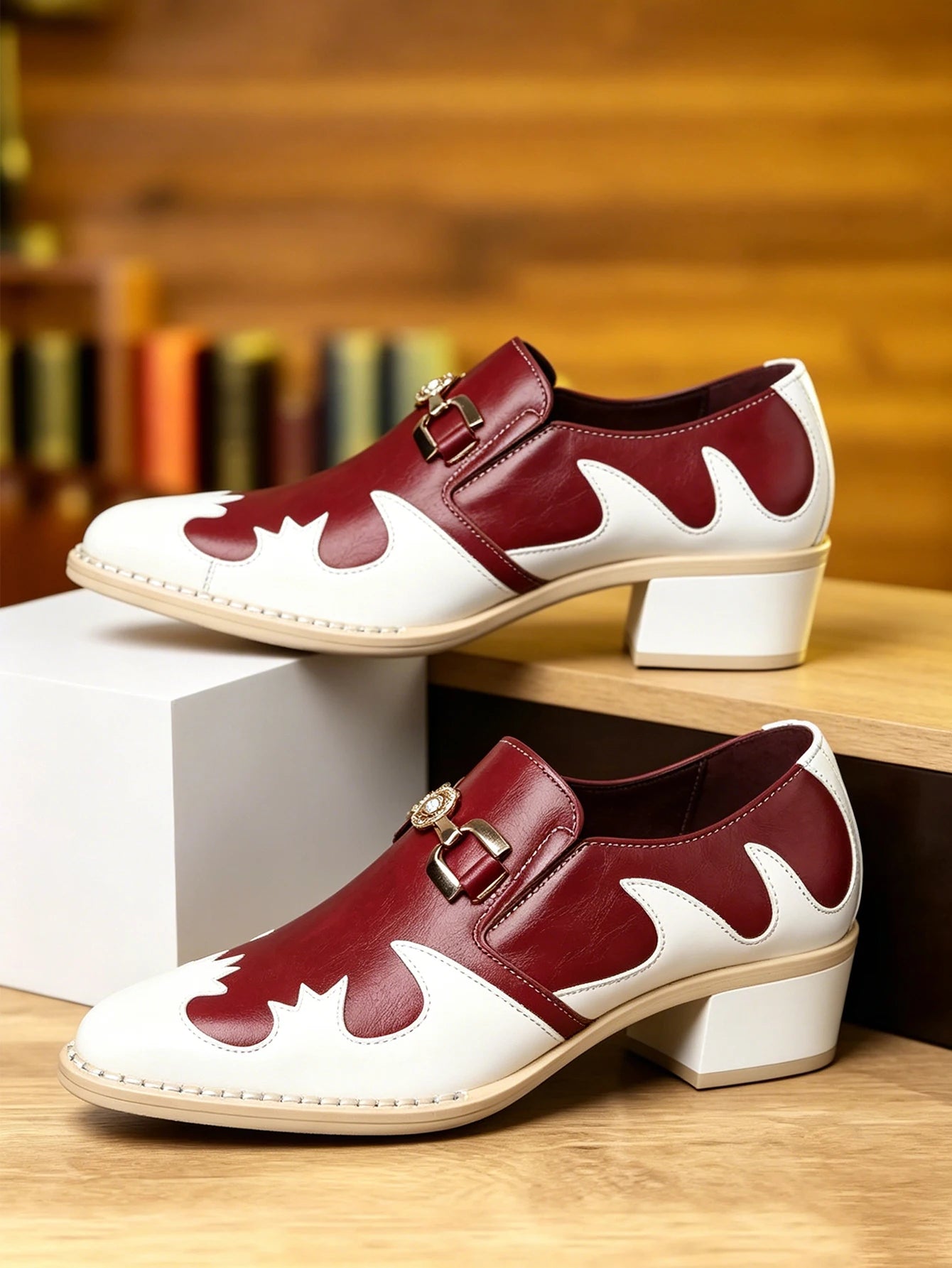 Breathable Comfort Low Heel Men Loafers White Red Patchwork Leather Slip On Business Wedding Casual Dress Shoes