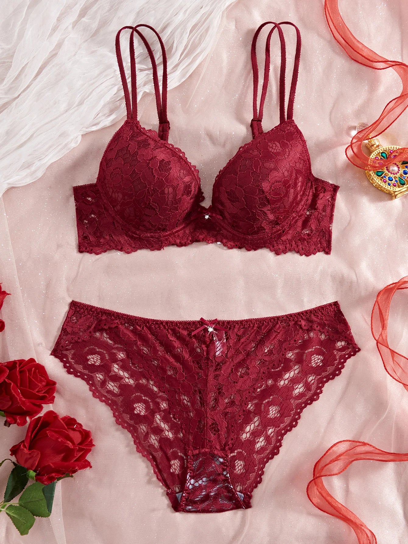 6-Piece Set Women's Underwear Set Sexy Patterned Lace Patchwork No Lining Comfortable Fitting Women's Push-Up Bra Sexy Lingerie