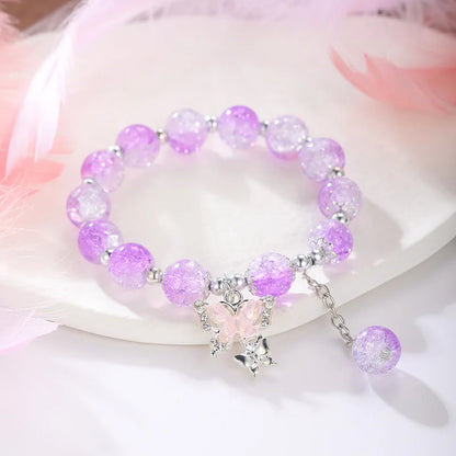 Bohemian Sweet Butterfly Beaded Bracelet for Women Girls Pink Color Imitation Jade Crystal Hand Jewelry Birthday Party Gifts