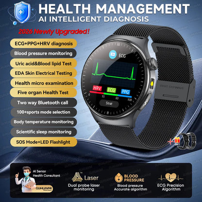 2026 New AI-Diagnosis Care Smartwatch ECG+PPG Accurate Uric Acid Blood Pressure Body Fat Five Organ Fitness Waterproof Smartwatc