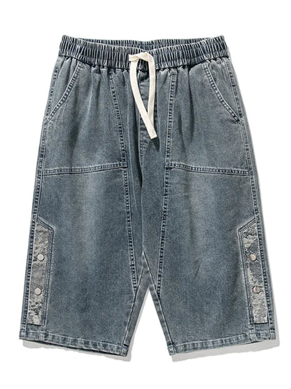 8XL Summer Men's Jeans Denim Breeches Calf-Length Casual Shorts Washed Cotton Drawstring Straight Capris Pants Big Size