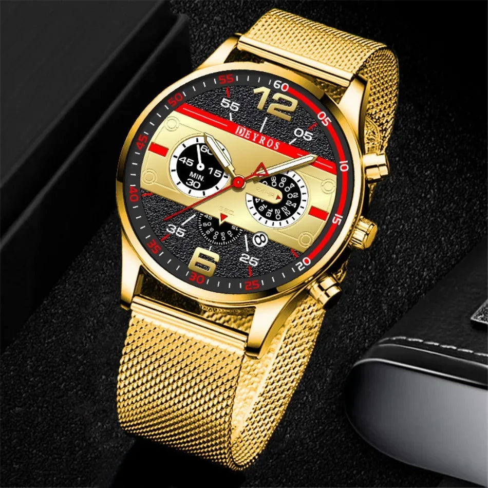 DEYROS Luxury 1/6 Pcs/ Set Men's Watch Set Quartz Outdoor Mesh Alloy Strap Trendy Style Men's Watches Gift Ideas
