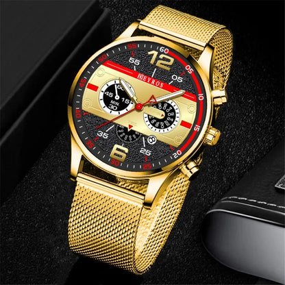 DEYROS Luxury 1/6 Pcs/ Set Men's Watch Set Quartz Outdoor Mesh Alloy Strap Trendy Style Men's Watches Gift Ideas